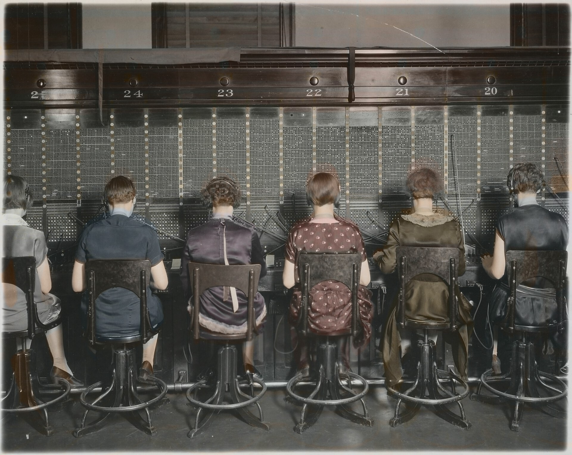 A row of switchboard operators, stations 20 to 25, April 7, 1927